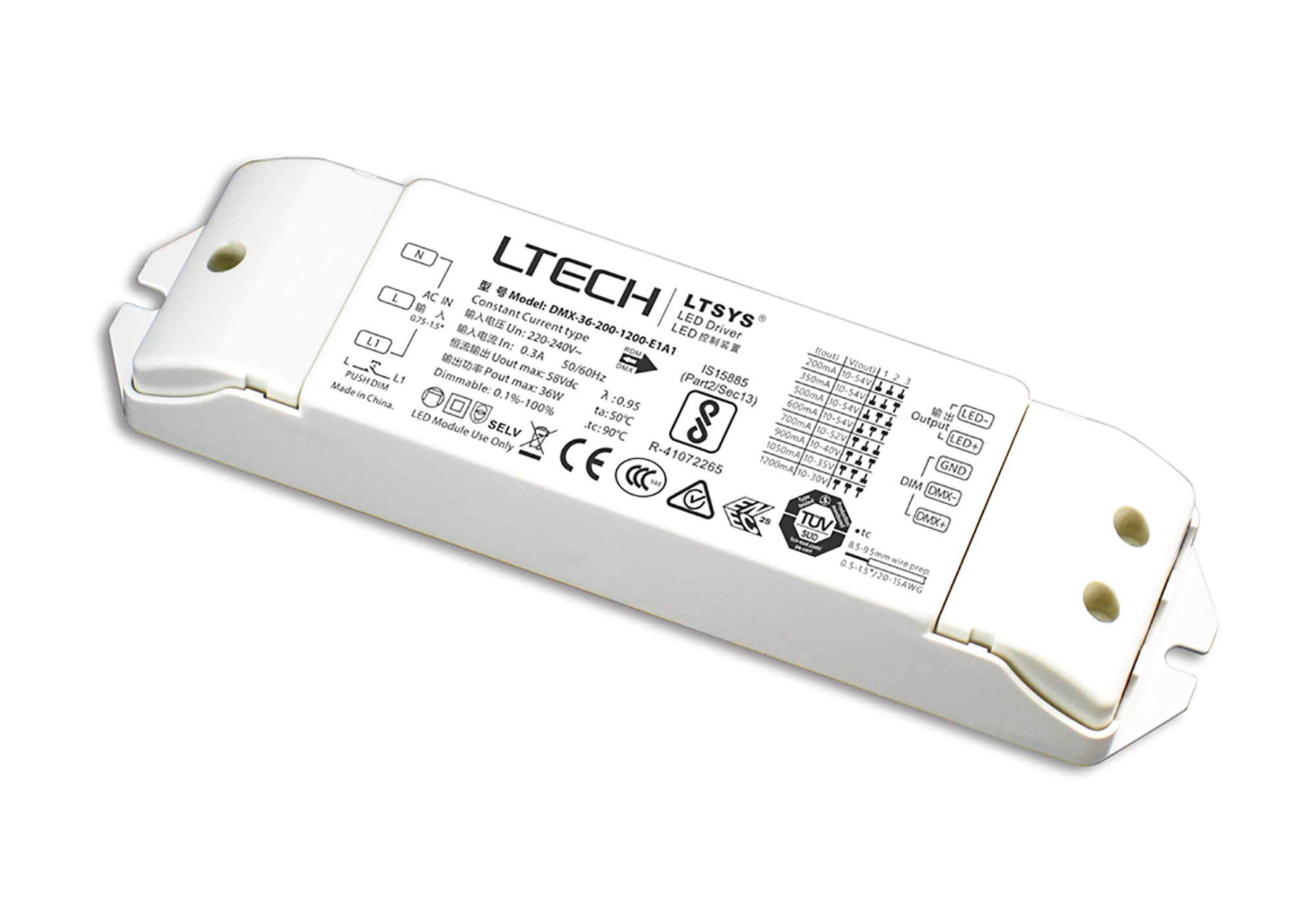 DMX-36-200-1200-E1A1  DMX512, Push Dim PWM 2-36W Current Dimmable Driver DC:10-54V